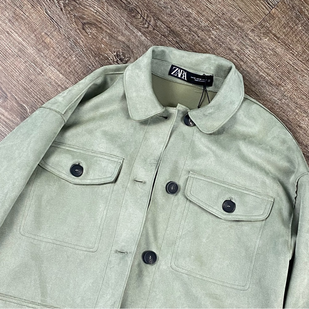 Zara Jacket Women XS Green Oversized Velvet Button Front Pockets Lightweight - Picture 8 of 9